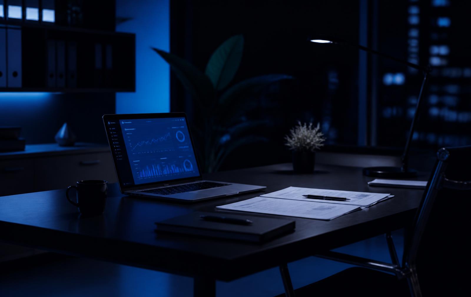 Dunkler Arbeitsplatz mit leuchtendem Analyse-Dashboard